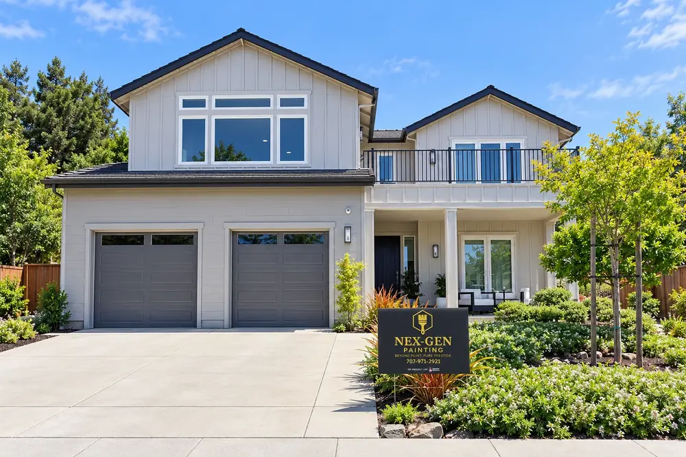 Freshly painted two-story home with light gray board and batten siding and a Nex-Gen Painting yard sign out front