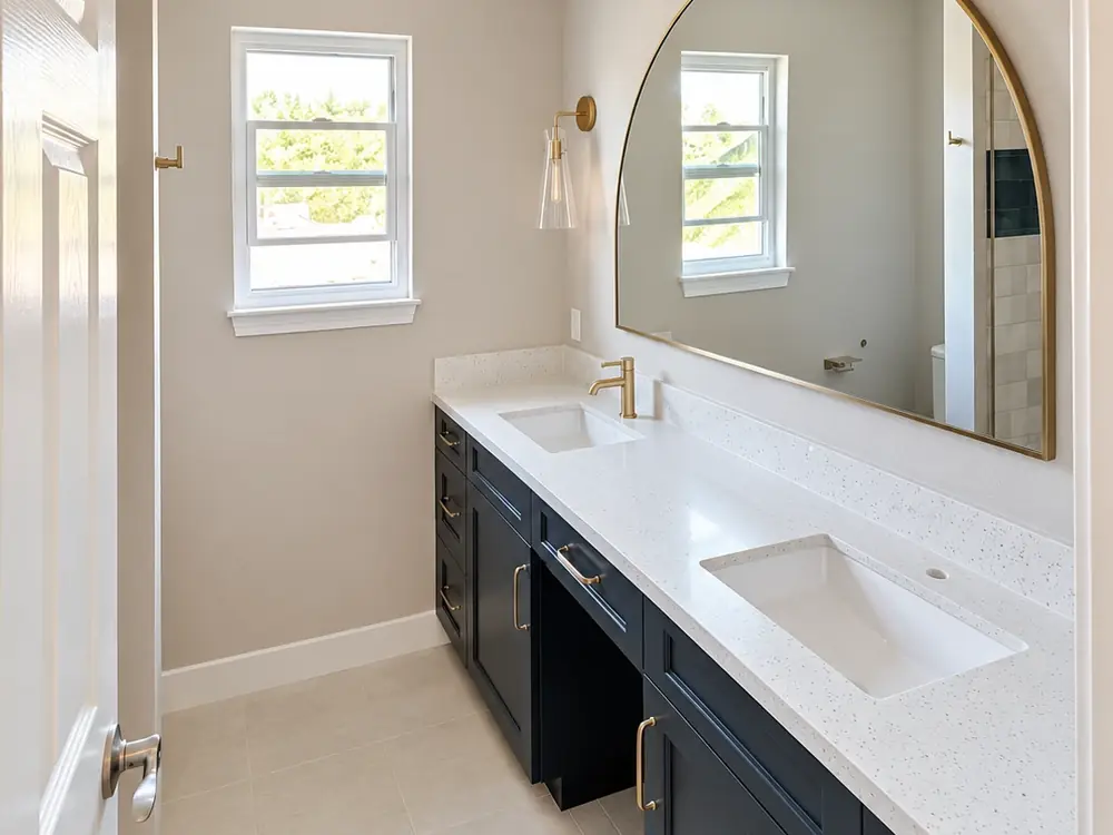 Bathroom with navy painted vanity cabinets, brass hardware and warm neutral walls