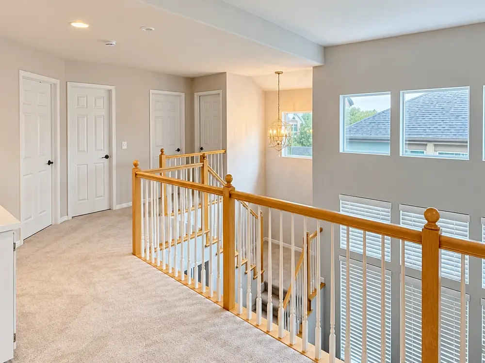 Upstairs landing with light gray walls, white painted doors and a white baluster railing